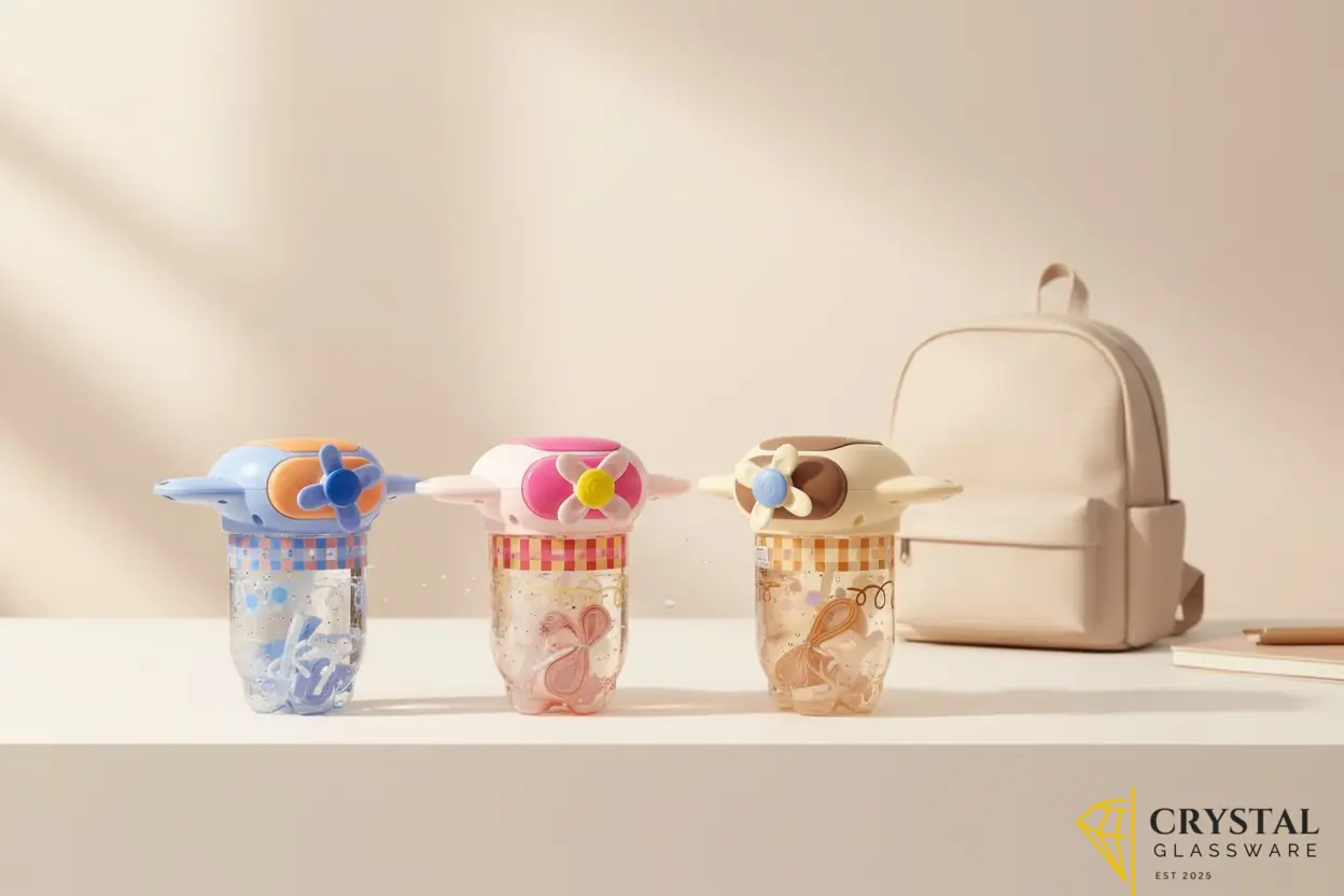 Cartoon airplane whirlwind kids water bottles featuring a clear plastic body straw and a spinning propeller toy on the airplane-shaped lid